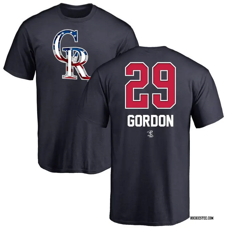 Men's Colorado Rockies ＃29 Tanner Gordon Navy Name and Number Banner Wave T-Shirt